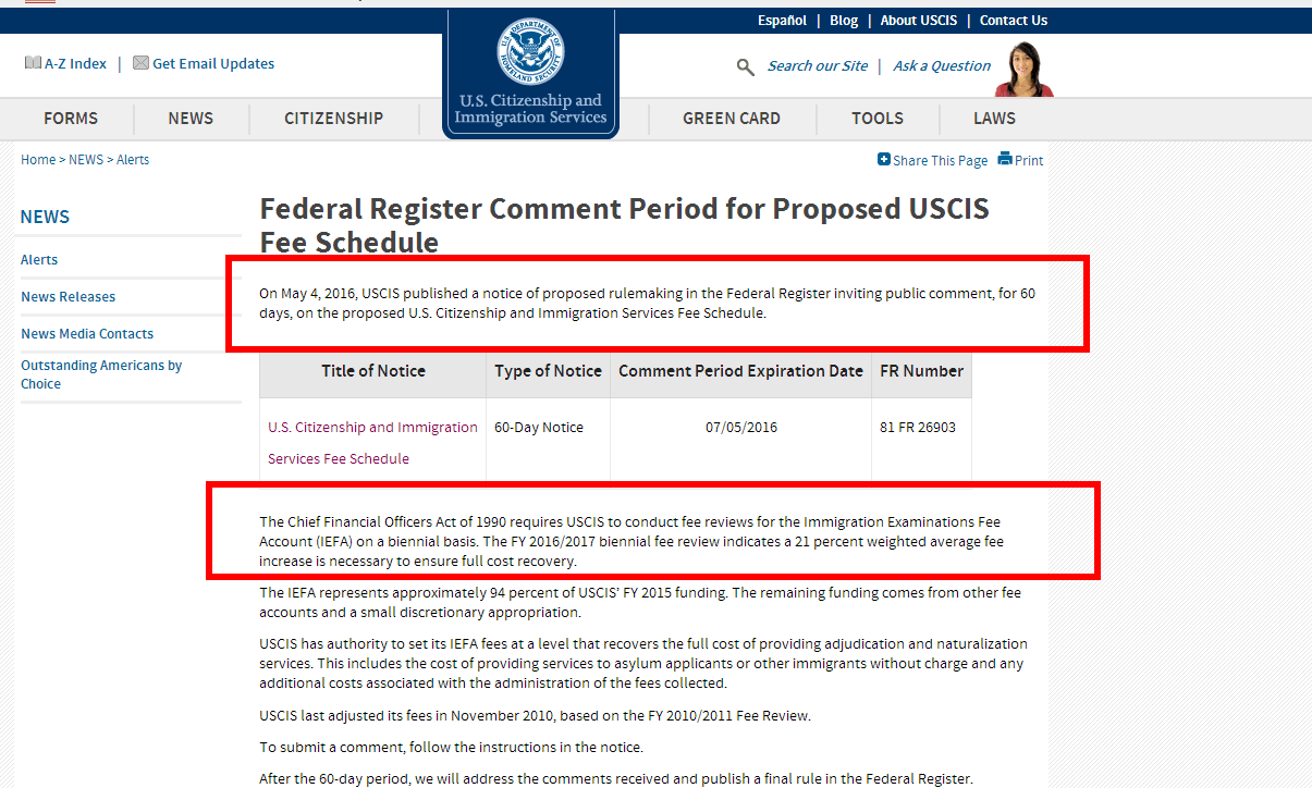 EB-5漲價提前，美國移民局官網，美國投資移民漲價，移民簽證申請費用提高