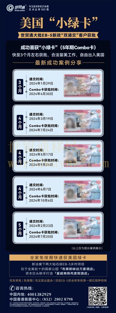 新法案下，投資EB-5預留簽證類別下的EB-5鄉村項目，免排期且擁有移民局優先審理權。同時，美國境內的EB-5申請人，包括留學生，可以在美國進行“雙遞交”。世貿通已有多批EB-5投資人成功獲得了移民局審理批準的Combo卡（工卡/回美證），最快僅用時3個月。